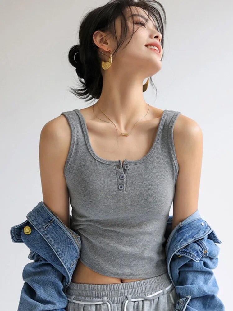 ’s Basic Shirts Summer White Crop Top 3 Buttons Sports Vest Y2k Elastic Rib-knit Sleeveless Tank Top Strap Black