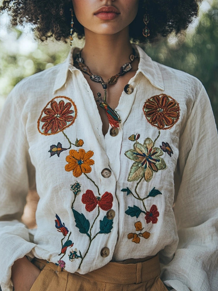 Vintage Floral Embroidered Linen Blend Blouse elevenforest