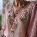 Vintage Pink Roses Glitter Embroidered Lace Flowy Tunic elevenforest