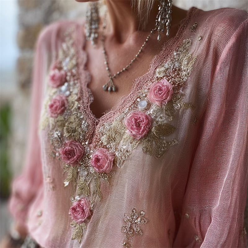 Vintage Pink Roses Glitter Embroidered Lace Flowy Tunic elevenforest