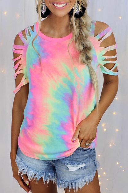 Tie Dye Hollowed Out Patchwork O Neck T-shirts