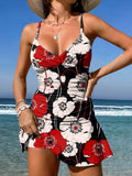 V-Neck Poppy Art Print Suspender Skirt Tankini Pantskirt Set Swimsuit
