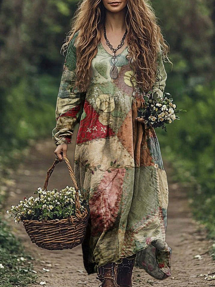 Vintage Stitching Patchwork Pattern Women's Flowy Maxi Dress elevenforest
