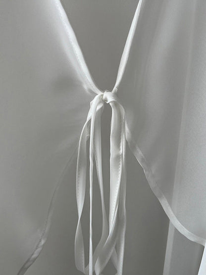 Bishop Sleeve Long Sleeves See-through Split-joint Tied Collarless Blouses&shirts Tops