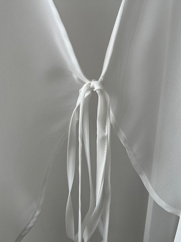 Bishop Sleeve Long Sleeves See-through Split-joint Tied Collarless Blouses&shirts Tops