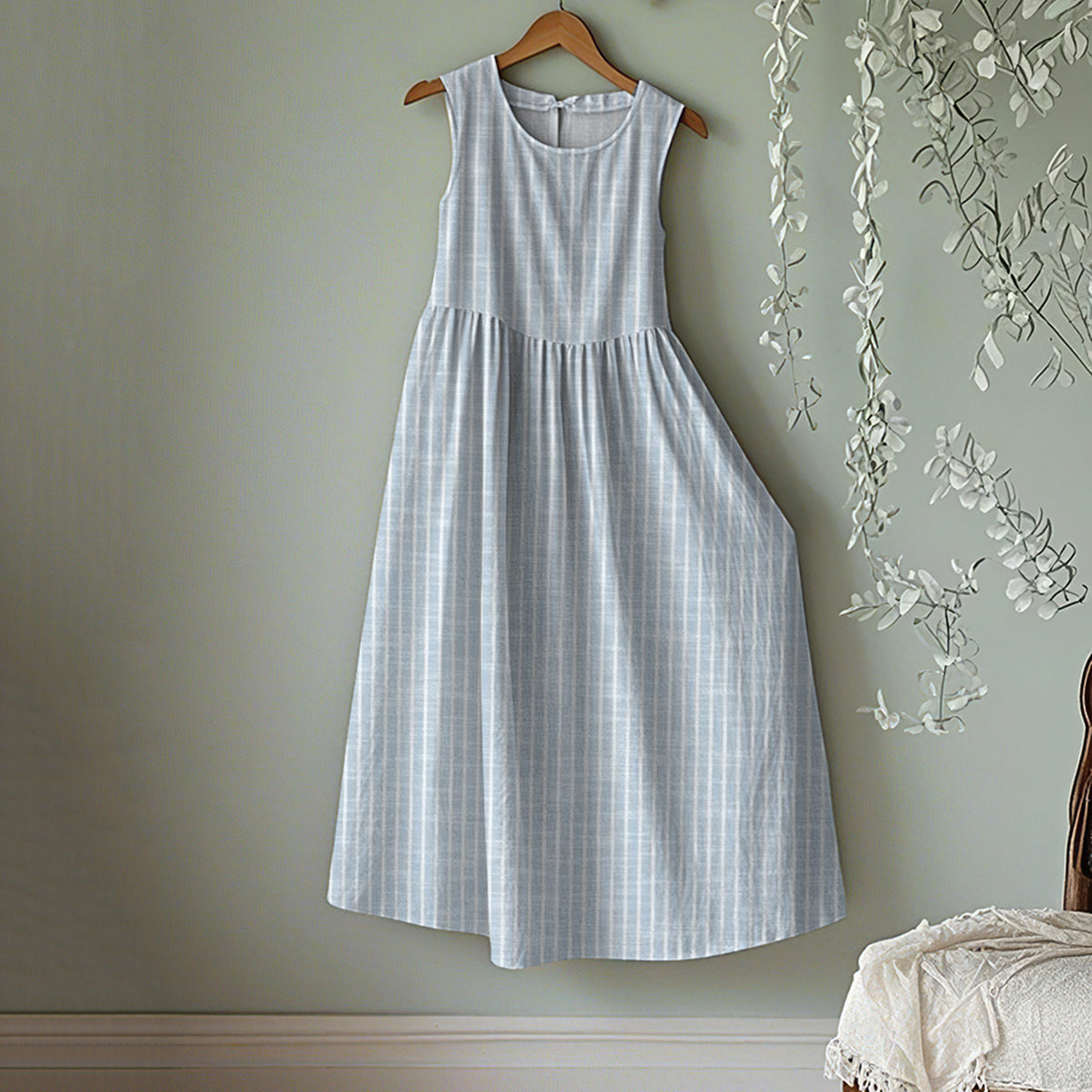 Comstylish Vintage Stripe Art Linen Tank Midi Dress