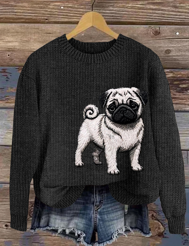 Comstylish Cute Pug Embroidery Art Women's Cozy Sweater