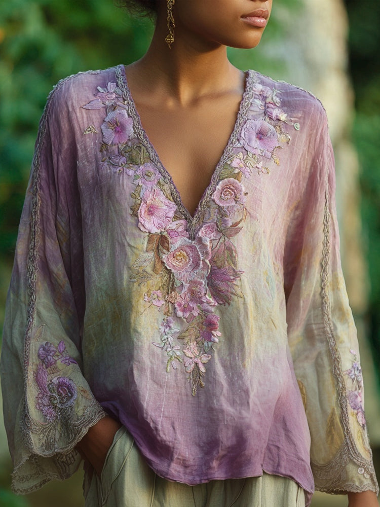 Classy Flowers Embroidered Light Purple Gradient Linen Shirt elevenforest