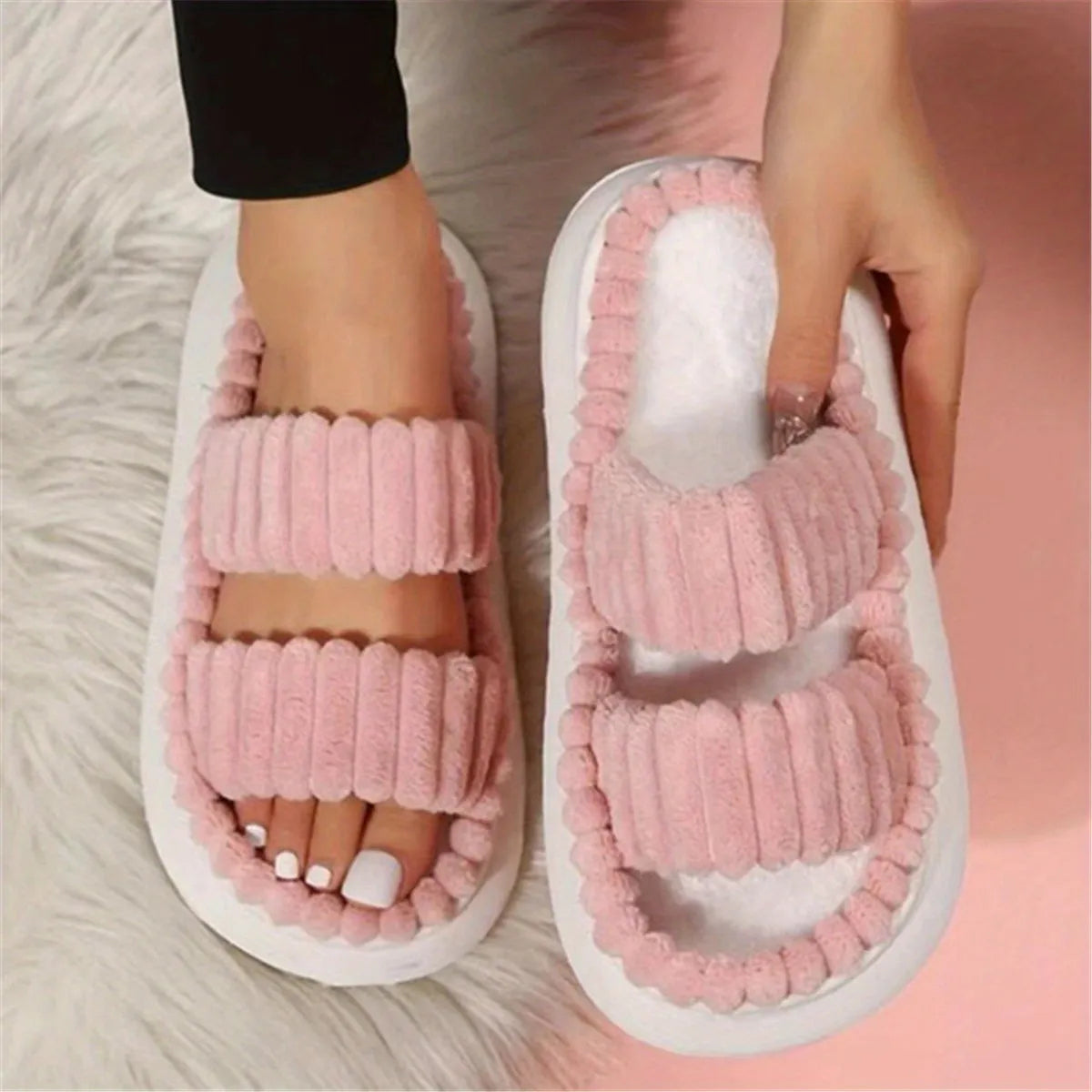 Double Straps Plush Slippers Ht0147