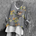 Comstylish Women's Flower & Bird Patch Embroidery Art V-neck Linen Blend Shirt