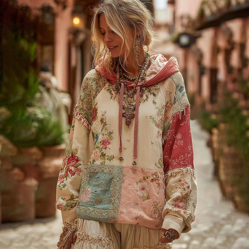 Women's Rose Embroidery Patchwork Boho Casual Hooded Sweatshirt elevenforest
