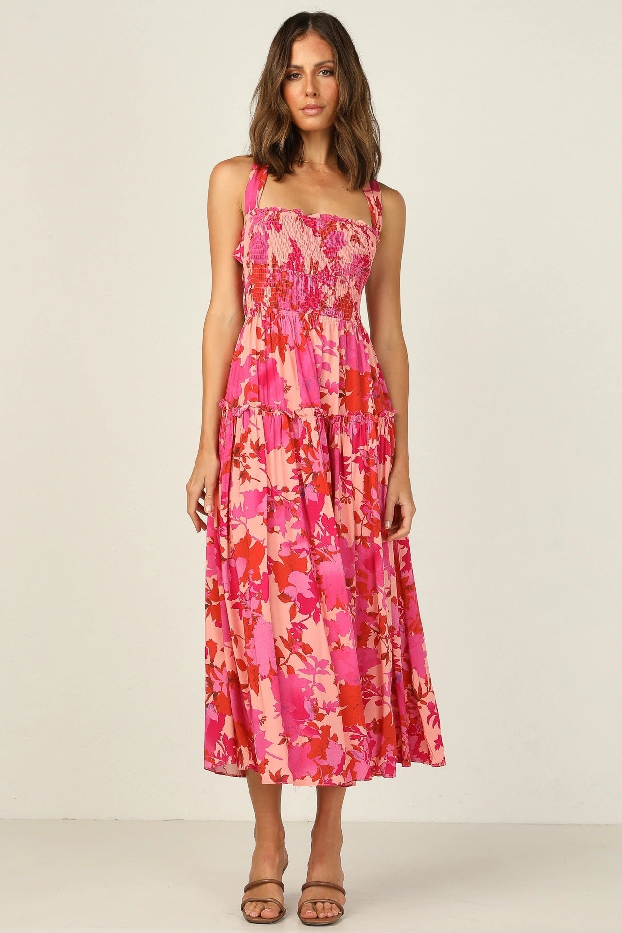 Smocked Elastic Cami Midi Dress Red