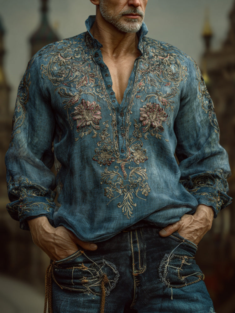 Men's Vintage Floral Embroidered Comfy Linen Shirt elevenforest