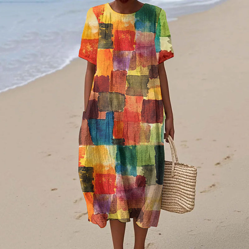 Women's Vintage Watercolor Art Print Short Sleeve Dress elevenforest