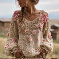 Bohemian Style Round Neck Long Sleeve 3d Floral Design Women's Sweater elevenforest