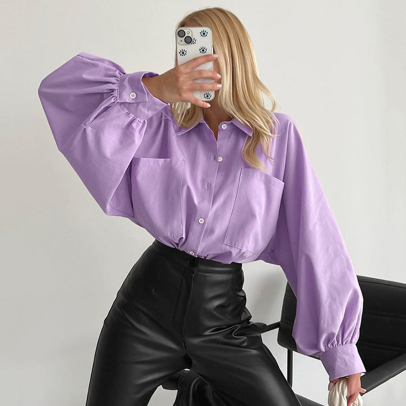 Spring Office Collared Shirt Pocket Batwing Sleeve Cardigan Long Sleeve Top