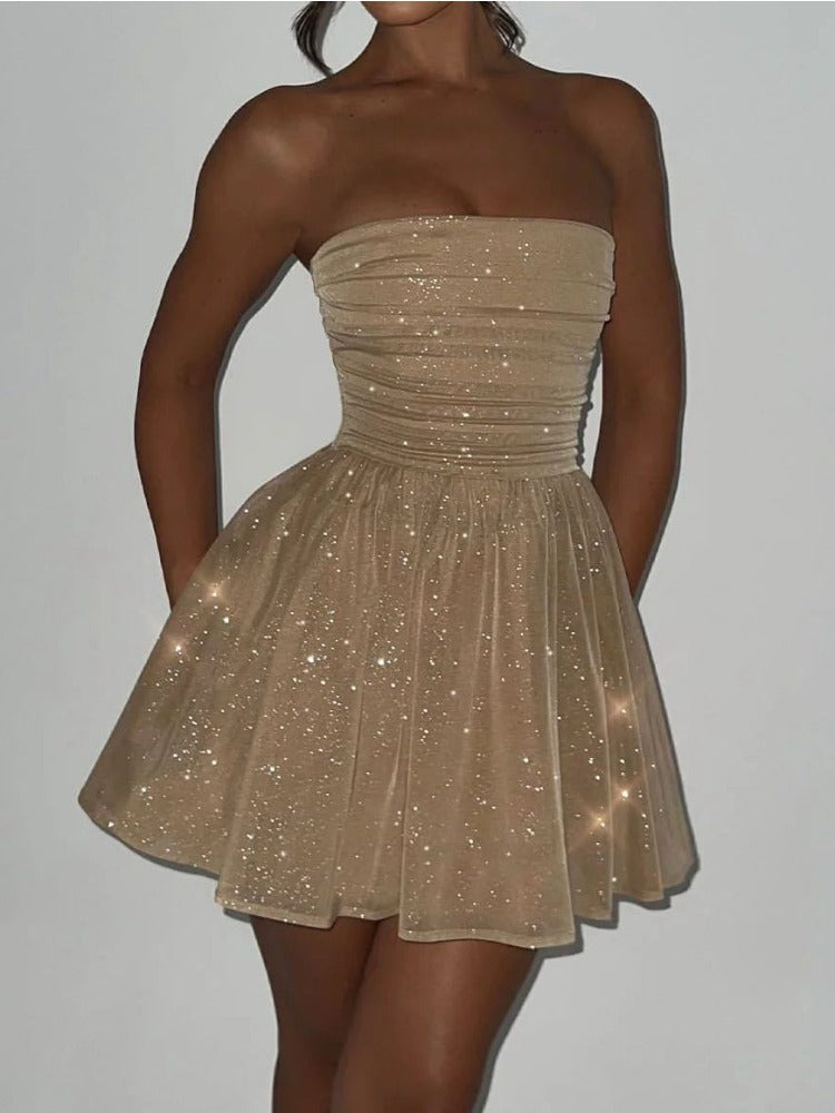 Taruxy Shiny Sequins Evening Dress Off Shoulder Slim Ruffle Mini Dresses Lady Party Bow Bandage Backless Dress Woman
