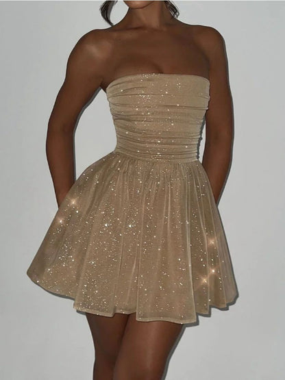 Taruxy Shiny Sequins Evening Dress Off Shoulder Slim Ruffle Mini Dresses Lady Party Bow Bandage Backless Dress Woman
