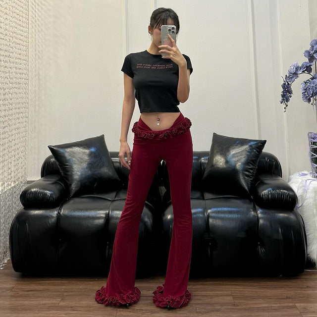Taruxy Ruffled Lace High Elasticity Trousers for New Slim Fit Low-waist Navel-baring Summer Hot Girl Patchwork Pants
