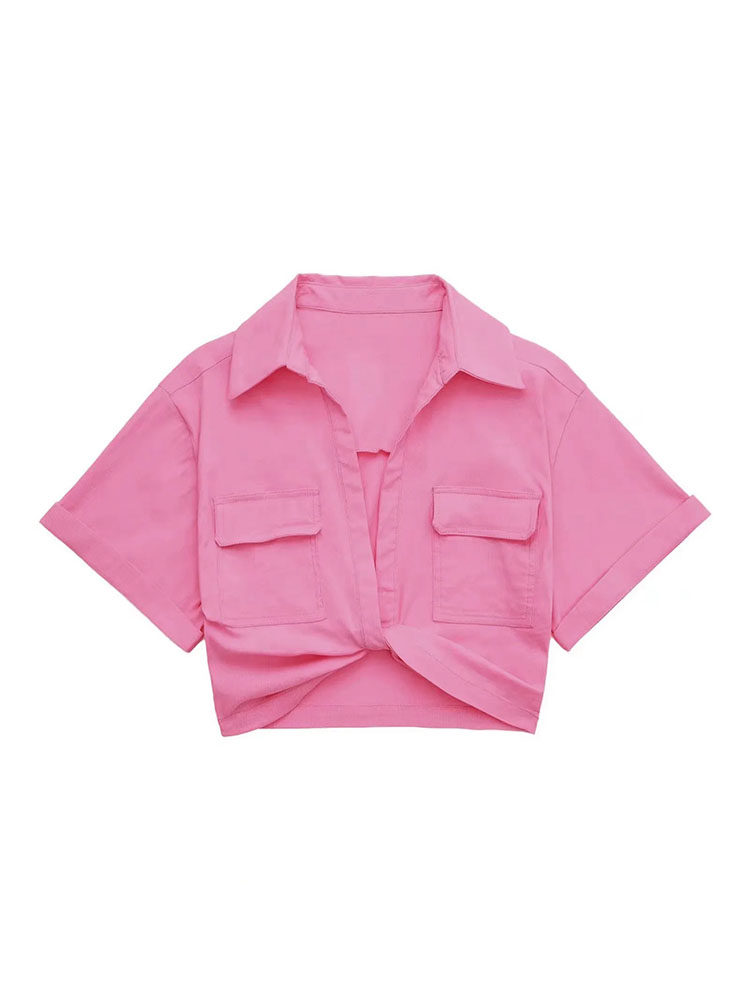 Safari Style Pockets Patch Knotted Linen Short Smock Blouse Lady Kimono Cropped Shirt Blusas Tops