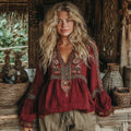 Women's Vacation Boho Tribal Ethnic With Floral Patterns Print V-neck Linen Blend Tops elevenforest