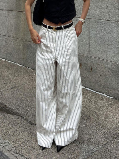 Tossy ’s Black White Stripe Wide Leg Pants New High Waist Zipper Loose Work Business Pants With Pockets