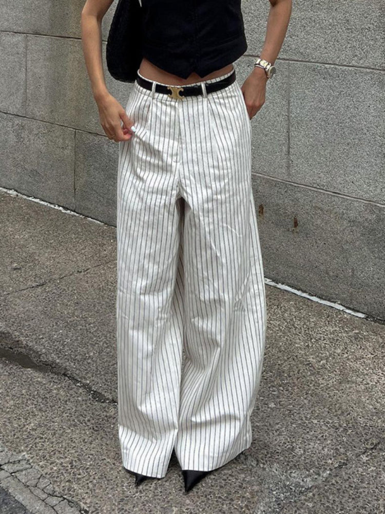 Tossy ’s Black White Stripe Wide Leg Pants New High Waist Zipper Loose Work Business Pants With Pockets