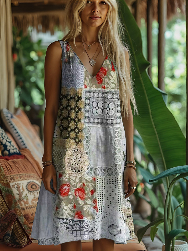 Boho Vintage Cutout Lace Floral Patchwork Tank Dress elevenforest