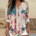Comstylish Vintage Independence Day Flag Flower Print Long Sleeve Blouses