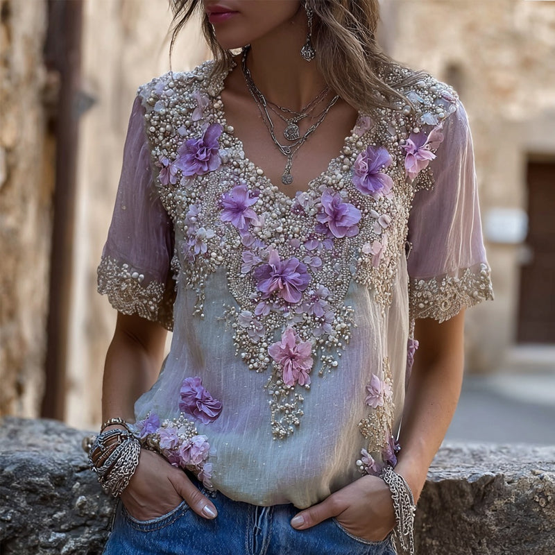 Vintage Purple Flowers Embroidered V Neck Linen Shirt elevenforest