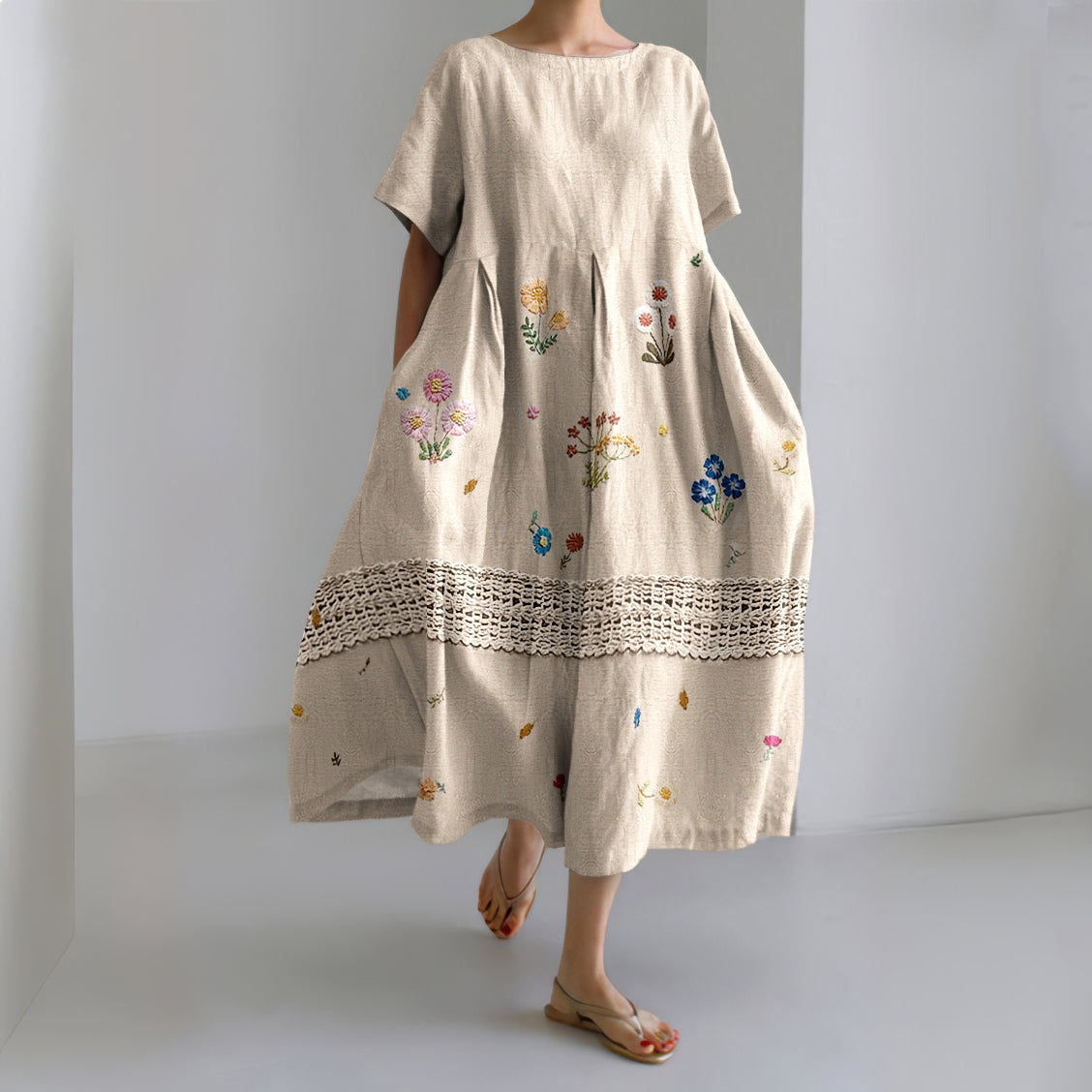 Vintage Wildflower Embroidery Art Lace Linen Blend Crew Neck Dress elevenforest