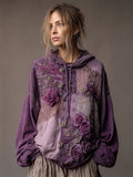 Vintage Purple Roses Fiber Art Floral Patchwork Hoodie elevenforest