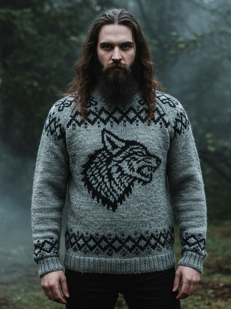 Men's Wolf Inspired Viking Celtic Jacquard Cozy Chunky Sweater elevenforest
