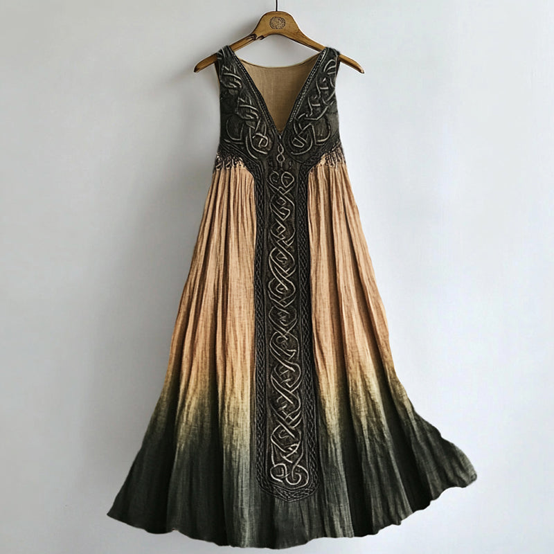 Vintage Celtic Contrast Forest Gradient Flowy Linen Dress elevenforest