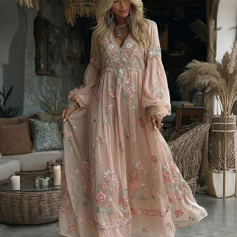 Women Vintage Floral Art Linen Blend Casual Dress elevenforest
