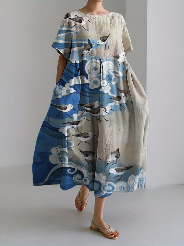 Seagulls Seaside Waves Contrast Linen Blend Maxi Dress elevenforest