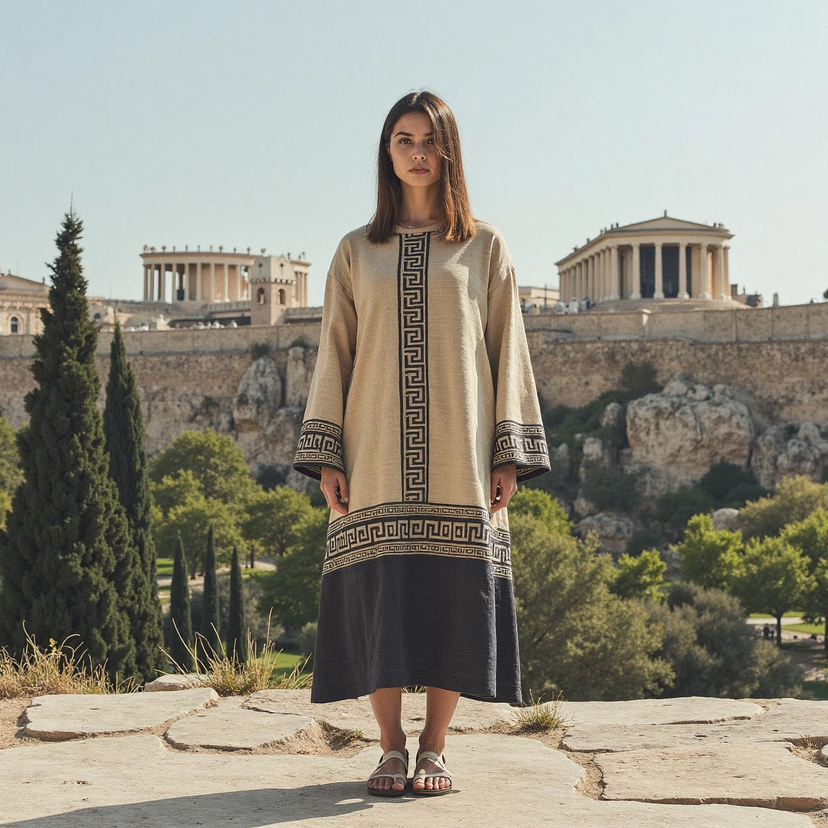 Retro Classic Greek Ethnic Graphics Crew Neck Linen Blend Maxi Dress elevenforest