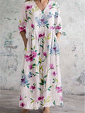 Women's V-Neck Watercolor Rose Floral Pattern Cotton And Linen Dress