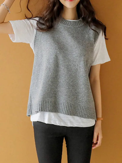 Simple Sleeveless Loose Buttoned Color Round-neck Sweater Vest Outerwear