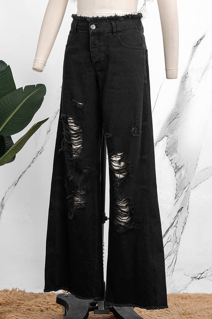 Ripped Patchwork Mid Waist Regular Denim Jeans (subject to the Actual Object)(5 Colors)