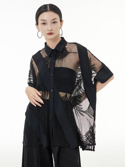 Stylish Loose Half Sleeves Buttoned Mesh Hollow See-through Blouses&shirts Tops