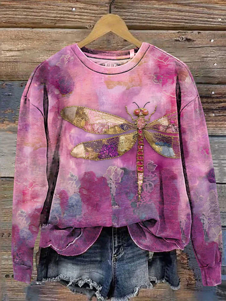 Comstylish Women's Dragonfly Print Casual V Neck Long Sleeve Tops