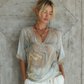 Vintage Marble Texture Collection Bohemia Women Style Gradient Gilded Pattern Linen V Neck T-shirt elevenforest