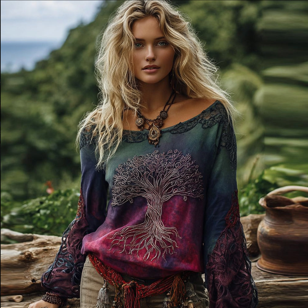 Women's Viking Tree Of Life Retro Long-sleeve Top elevenforest