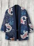 Carp Fish Sea Waves Floral Japanese Linen Blend Kimono Cardigan elevenforest