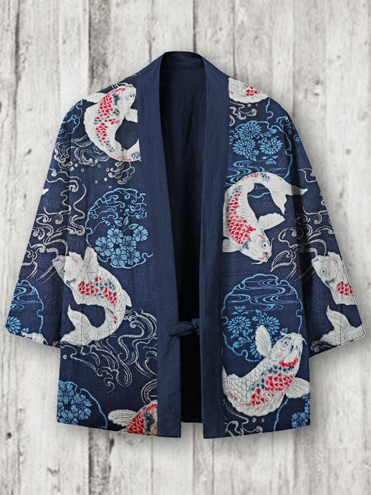 Carp Fish Sea Waves Floral Japanese Linen Blend Kimono Cardigan elevenforest