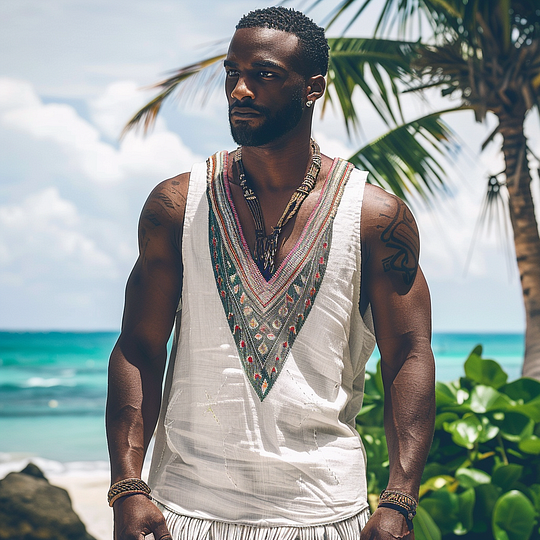 Men's Retro Loose Bohemia Ethnic Style Linen V-neek Sleeveless Top elevenforest