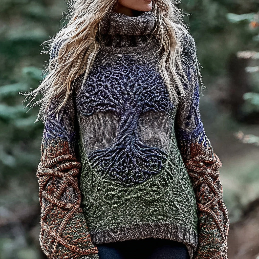 Women's Viking Tree Of Life With Celtic Knot Art Gradient Turtleneck Cozy Knit Sweater elevenforest