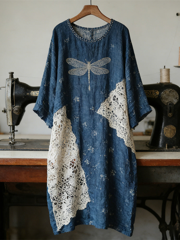 Boho Dragonfly Lace Patchwork Floral Linen Women's Long Sleeve Midi Dress elevenforest