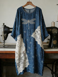 Boho Dragonfly Lace Patchwork Floral Linen Women's Long Sleeve Midi Dress elevenforest